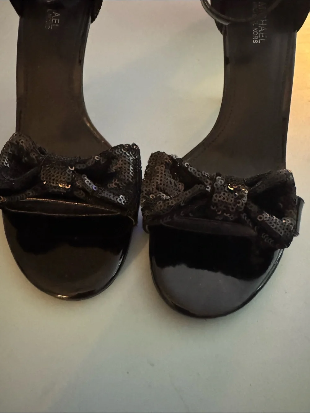MICHAEL Michael Kors Black Sequin Bow Ankle-Strap Heels Size 8
